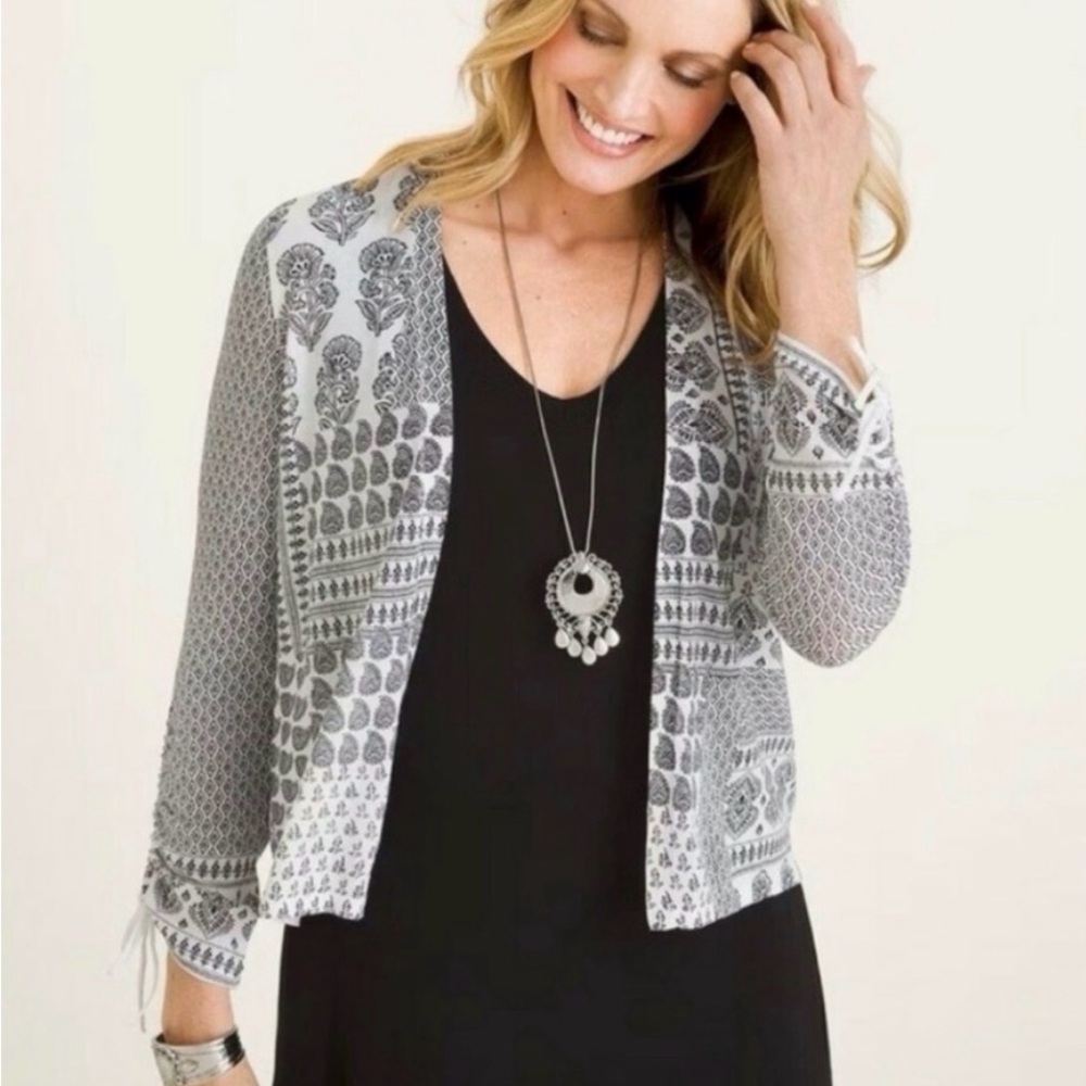 Chico's Black White Floral Paisley Cotton Blend Light Cardigan Sweater Size 2 L